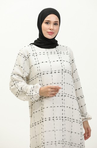 Chanel Ekose Desenli Büzgülü Elbise 0169A-02 Ekru Siyah 0169A-02