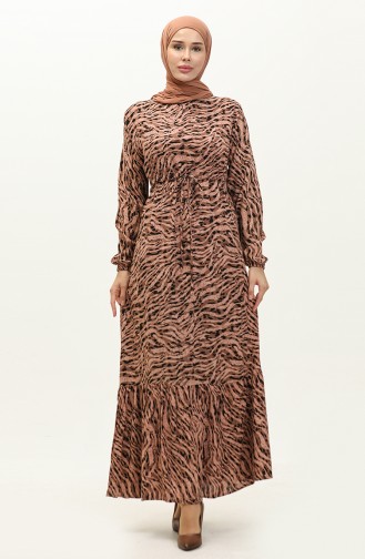 Patterned Shirred Hem Dress  0154-01 Brown 0154-01