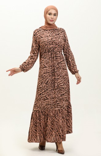 Patterned Shirred Hem Dress  0154-01 Brown 0154-01