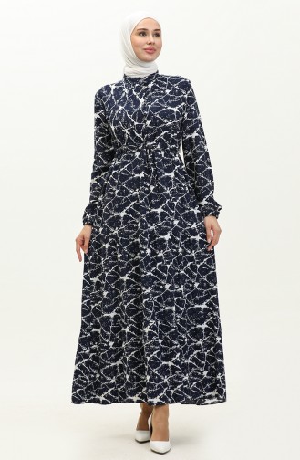 Patterned Viscose Dress 0157-01 Navy Blue 0157-01