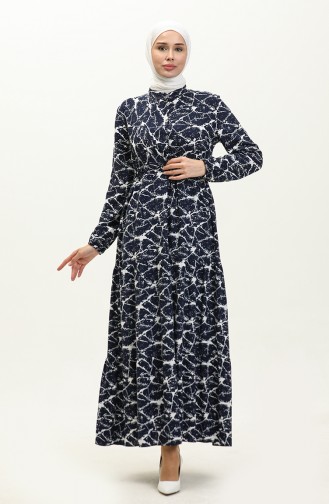 Patterned Viscose Dress 0157-01 Navy Blue 0157-01