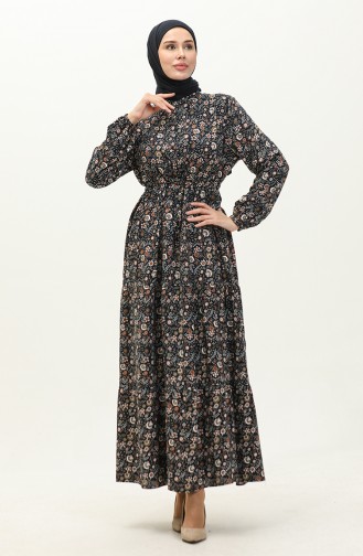 Patterned Viscose Dress 0158-01 Navy Blue 0158-01