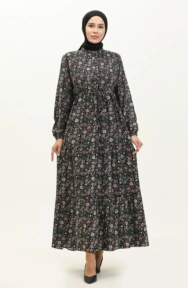 Patterned Viscose Dress 0158-04 Black 0158-04