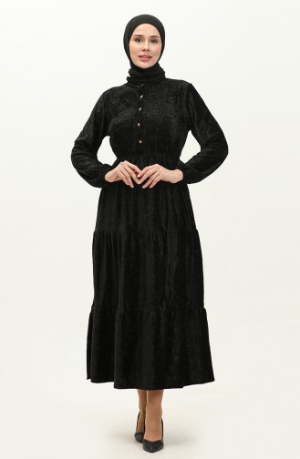 Geknöpftes Samtkleid 0161-04 Schwarz 0161-04
