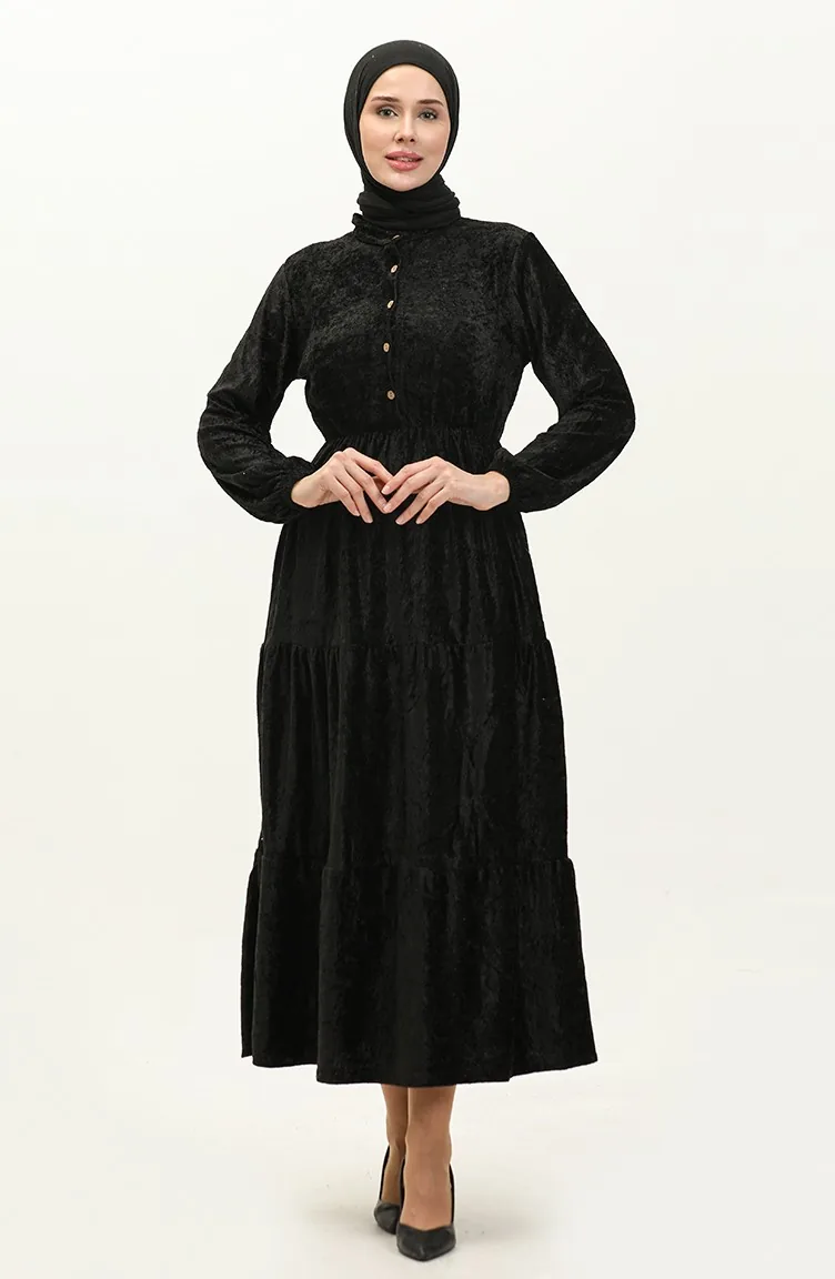 Robe Velours Boutonnée 0161-04 Noir 0161-04