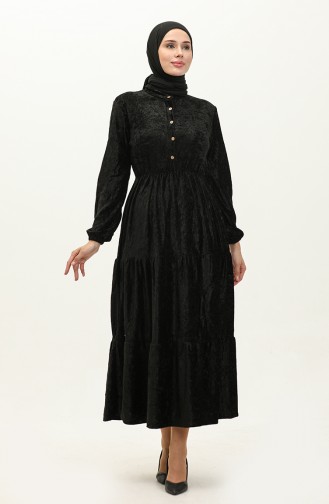 Geknöpftes Samtkleid 0161-04 Schwarz 0161-04