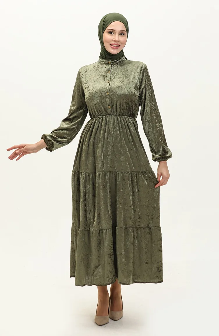 Buttoned Velvet Dress 0161-05 Khaki 0161-05