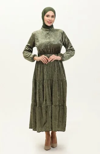 Buttoned Velvet Dress 0161-05 Khaki 0161-05