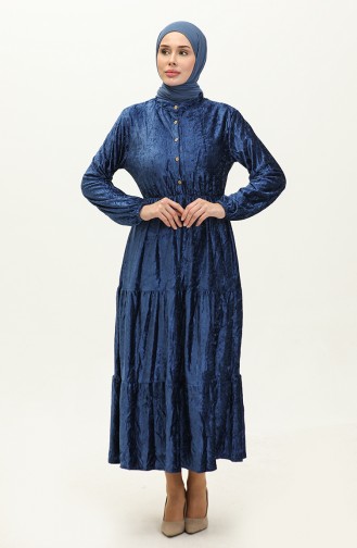 Düğmeli Kadife Elbise 0161-10 Saks