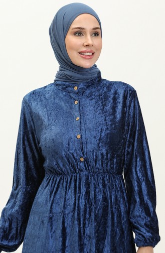 Düğmeli Kadife Elbise 0161-10 Saks