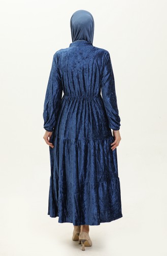 Düğmeli Kadife Elbise 0161-10 Saks
