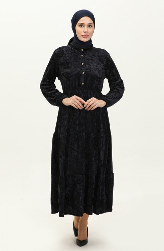 Geknöpftes Samtkleid 0161-12 Marineblau 0161-12