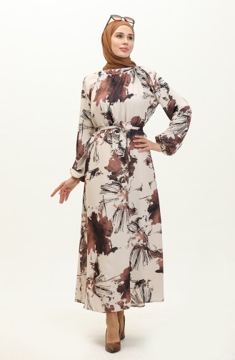 Patterned Dress 0242-02 Beige Brown 0242-02