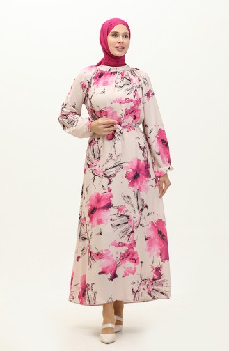 Patterned Dress 0242-03 Beige Pink 0242-03