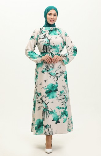 Patterned Dress 0242-04 Beige Green 0242-04