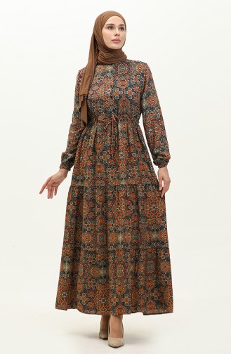 Patterned Dress 0243-03 Navy Blue Orange 0243-03