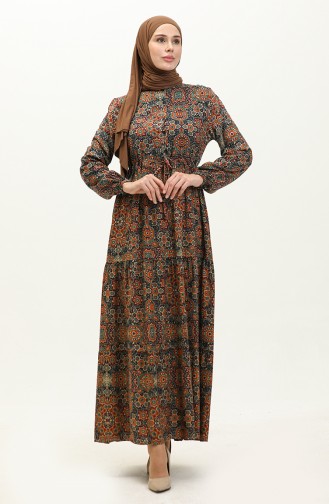 Patterned Dress 0243-03 Navy Blue Orange 0243-03