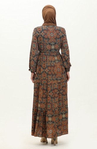 Patterned Dress 0243-03 Navy Blue Orange 0243-03