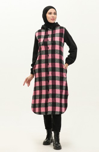 Plaid Patterned Hooded Lumberjack Tunic 0159-01 Black Pink 0159-01