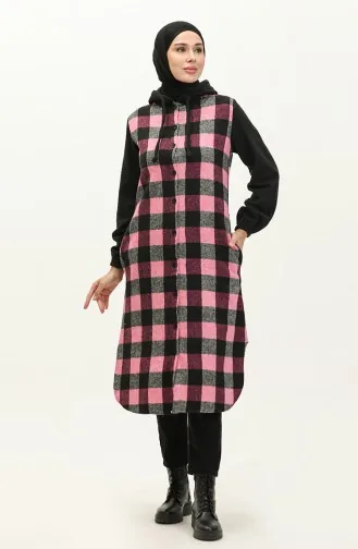 Plaid Patterned Hooded Lumberjack Tunic 0159-01 Black Pink 0159-01