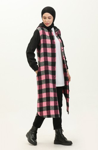 Plaid Patterned Hooded Lumberjack Tunic 0159-01 Black Pink 0159-01