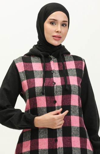 Plaid Patterned Hooded Lumberjack Tunic 0159-01 Black Pink 0159-01