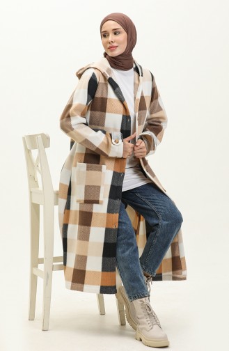 Plaid Patterned Fleece Cape 0166-03 Brown 0166-03