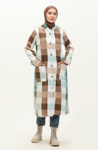 Plaid Patterned Fleece Cape 0166-04 Brown Mint Green 0166-04