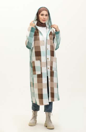 Plaid Patterned Fleece Cape 0166-04 Brown Mint Green 0166-04