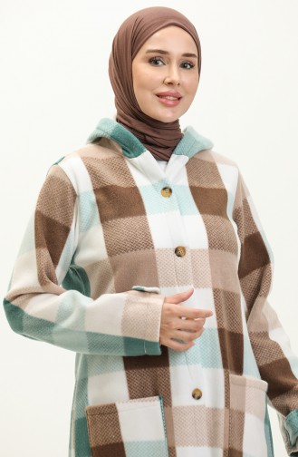 Plaid Patterned Fleece Cape 0166-04 Brown Mint Green 0166-04