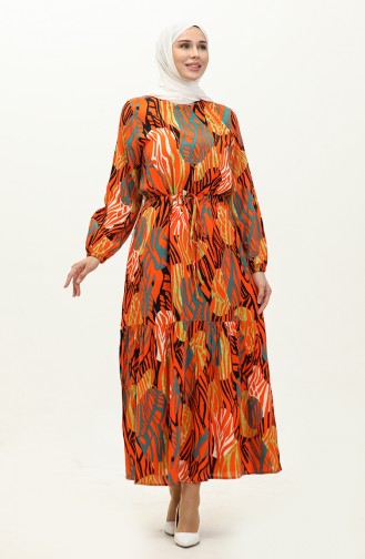 Plus Size Patterned Viscose Dress 1804-01 Orange 1804-01