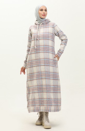 Gemustertes Kleid mit Kapuze 0170-01 Beige-Burgunder 0170-01