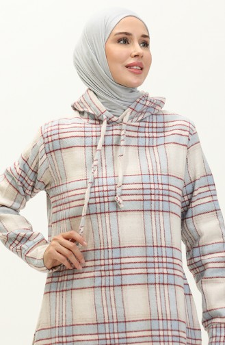 Gemustertes Kleid mit Kapuze 0170-01 Beige-Burgunder 0170-01