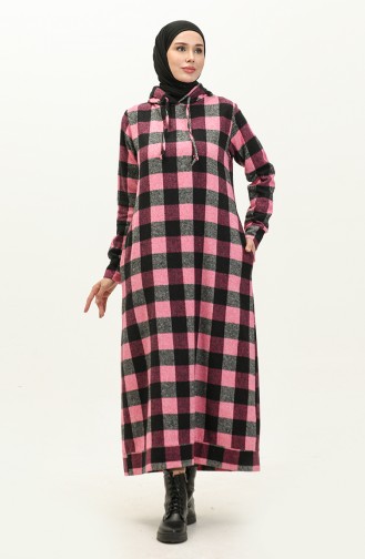 Hooded Plaid Patterned Dress 0170A-01 Pink Black 0170A-01