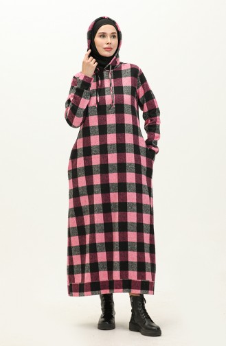 Hooded Plaid Patterned Dress 0170A-01 Pink Black 0170A-01