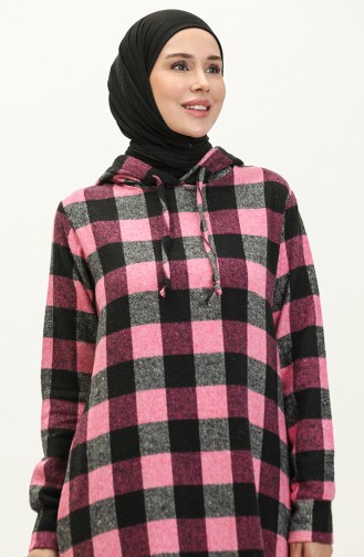 Hooded Plaid Patterned Dress 0170A-01 Pink Black 0170A-01
