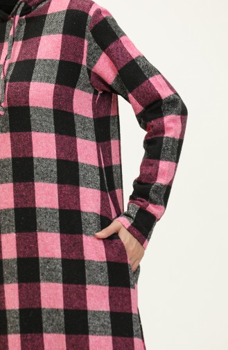 Hooded Plaid Patterned Dress 0170A-01 Pink Black 0170A-01