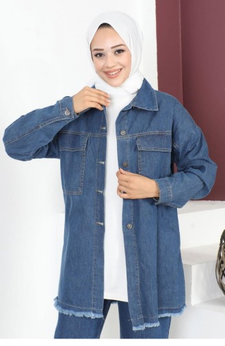 Veste En Jean Détail Pompon Bleu 6082 14848