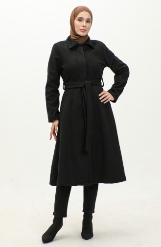 Manteau Cachemire Ceinturé Avec Patte Cachée 71207-01 Noir 71207-01