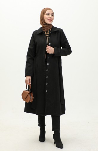 Manteau Cachemire Ceinturé Avec Patte Cachée 71207-01 Noir 71207-01