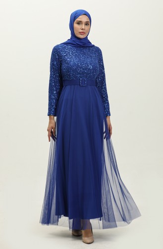 Belted Evening Dress 5353-07 Navy Blue 5353-19