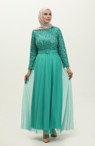 فستان سهرة بحزام للخصر 5353-20 لون أخضر 5353-20