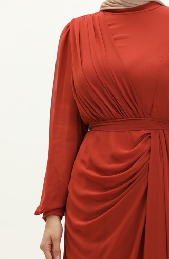 فستان سهرة شيفون بتصميم حزام للخصر 5711-11 لون قرميدي 5711-11