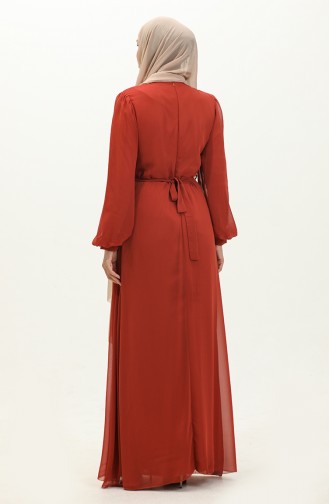 فستان سهرة شيفون بتصميم حزام للخصر 5711-11 لون قرميدي 5711-11
