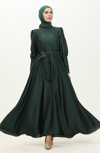 فستان سهرة ستان بتصميم مُقبب 6080-06 لون أخضر زمردي 6080-06