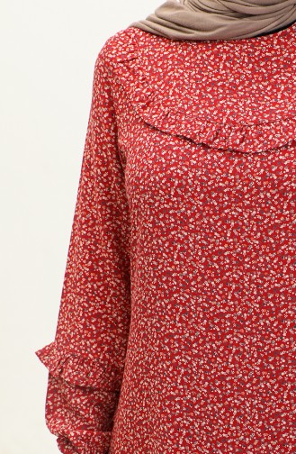 Fırfırlı Desenli Viskon Elbise 0179-01 Kırmızı
