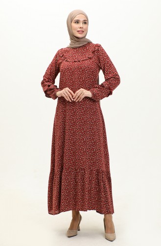 Frilly Patterned Viscose Dress 0179-05 Claret Red 0179-05