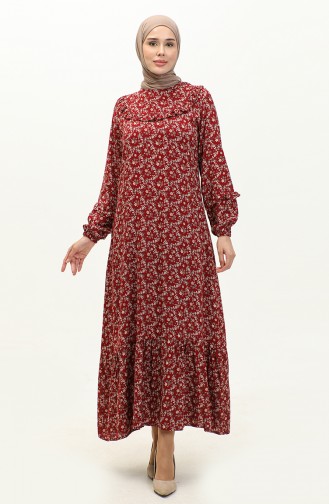 Ruffled Patterned Viscose Dress 0179-06 Cherry 0179-06