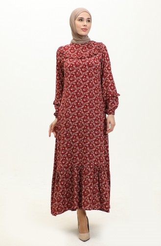 Ruffled Patterned Viscose Dress 0179-06 Cherry 0179-06