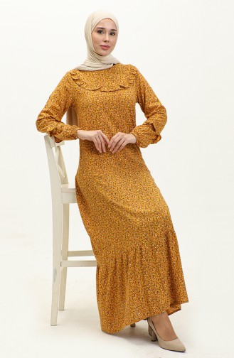 Ruffled Patterned Viscose Dress 0179-09 Mustard 0179-09